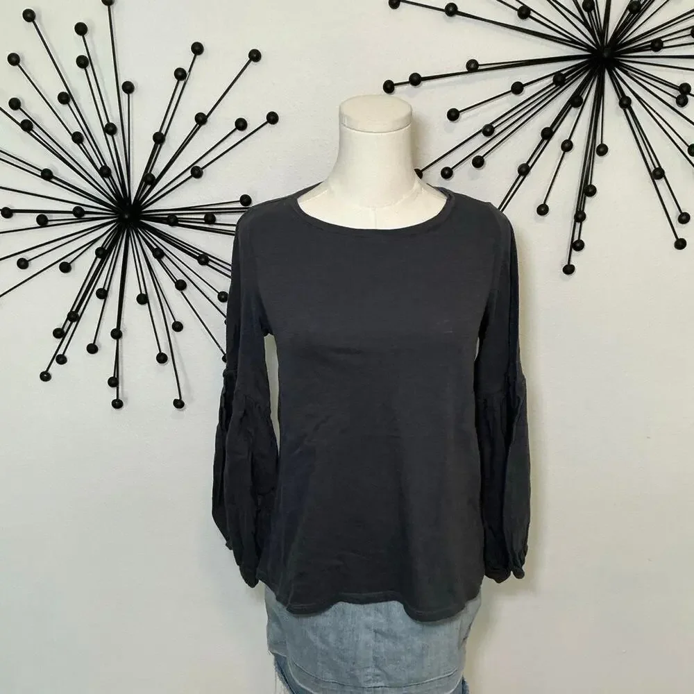 LOFT Gray Balloon Sleeve Knit Top Size Small Long Sleeve Crew Neck Blouse